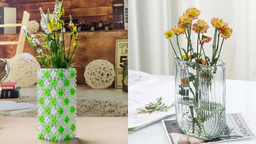 beaded vase and glass vase