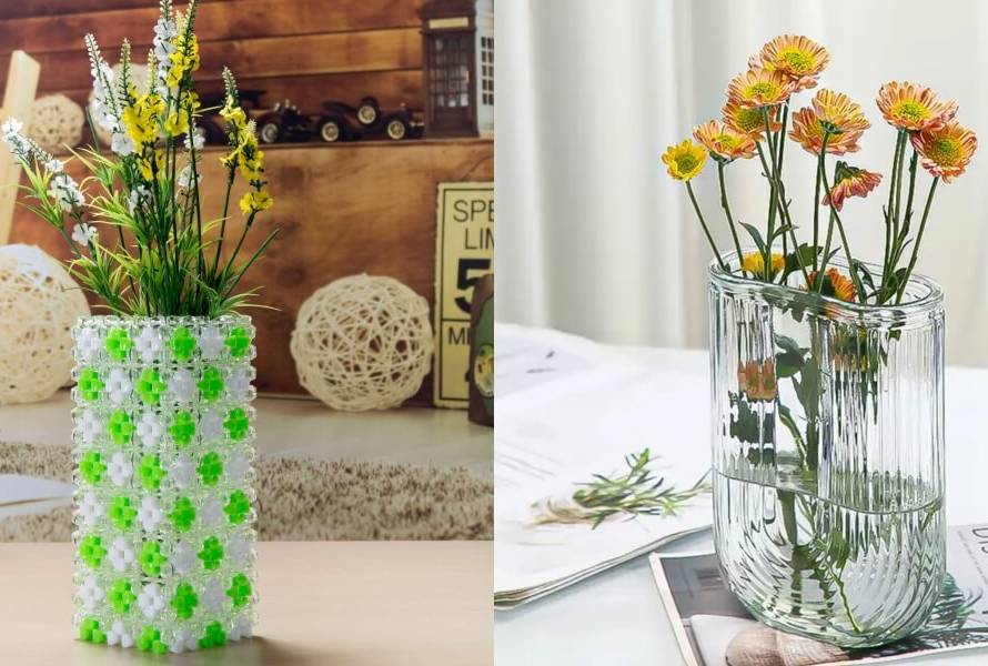 beaded vase and glass vase